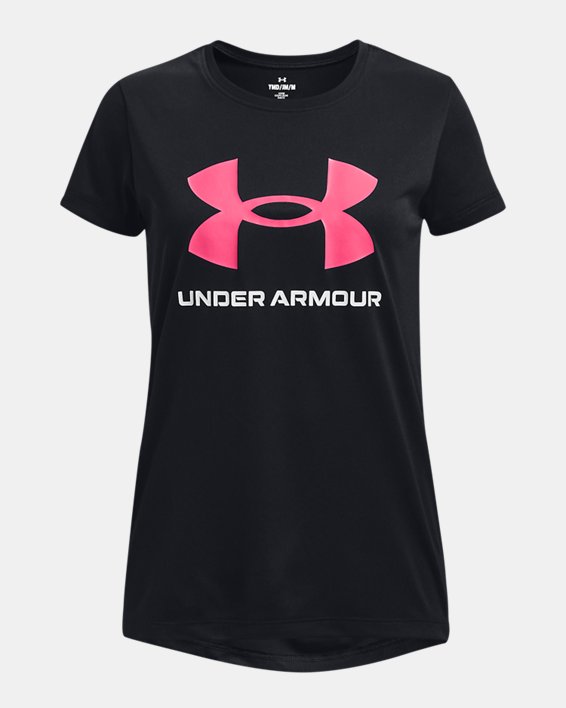 Girls' UA Tech™ Print Fill Big Logo Short Sleeve, Black, pdpMainDesktop image number 0